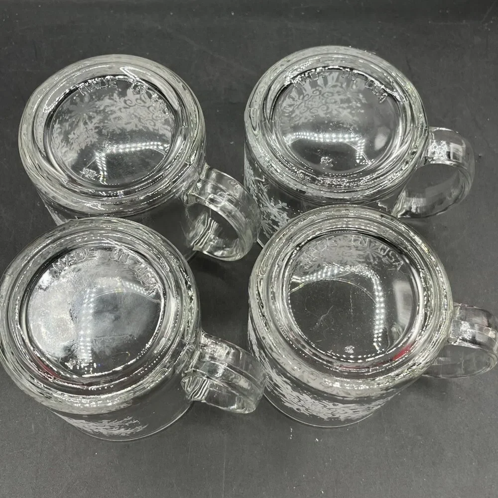 Crate & Barrel Set Of 4 Snowflake White And Clear Glass Mugs Made In USA